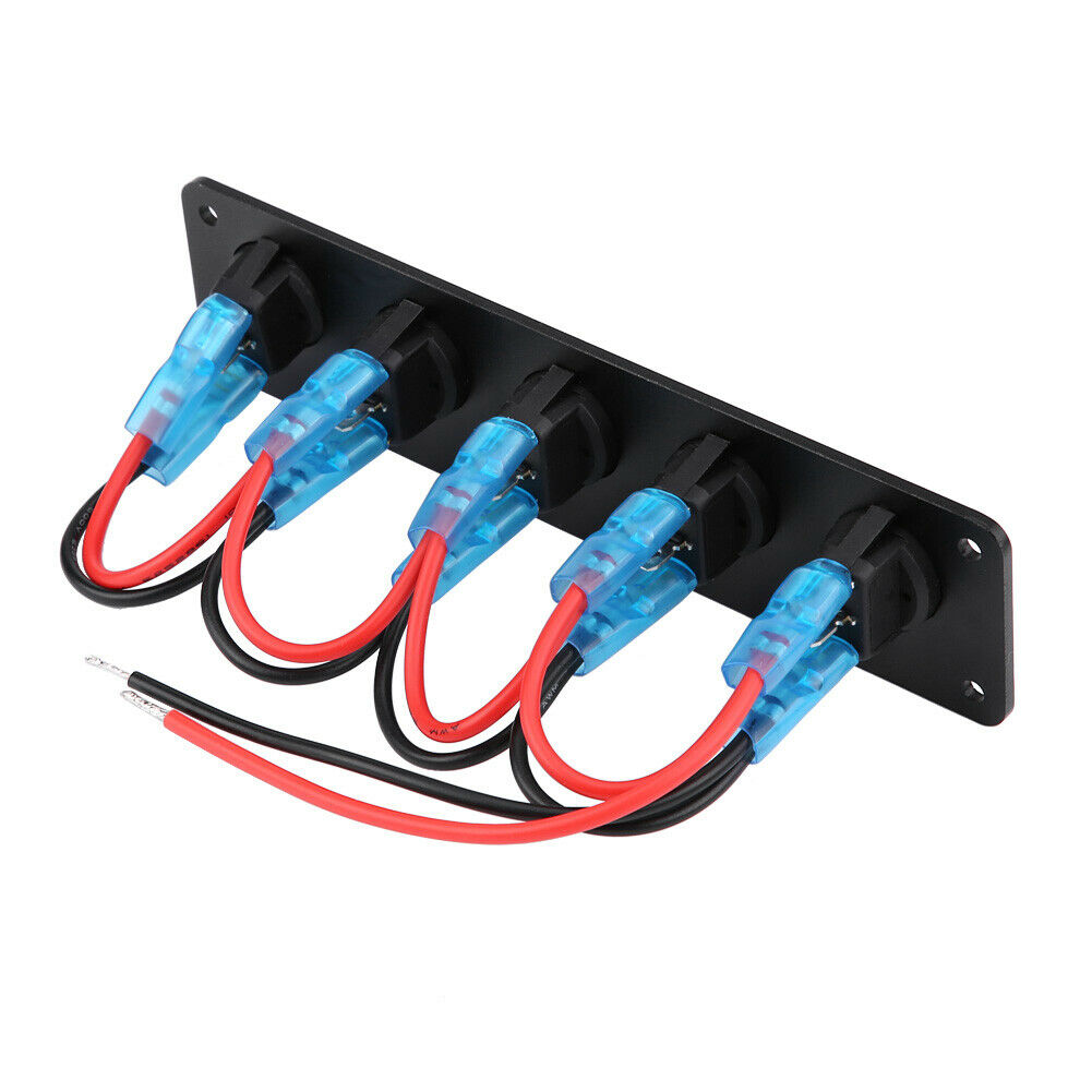 12-24V 5 Gang Rocker Toggle Switch Panel Blue LED For RV Boat Truck Yacht Marine