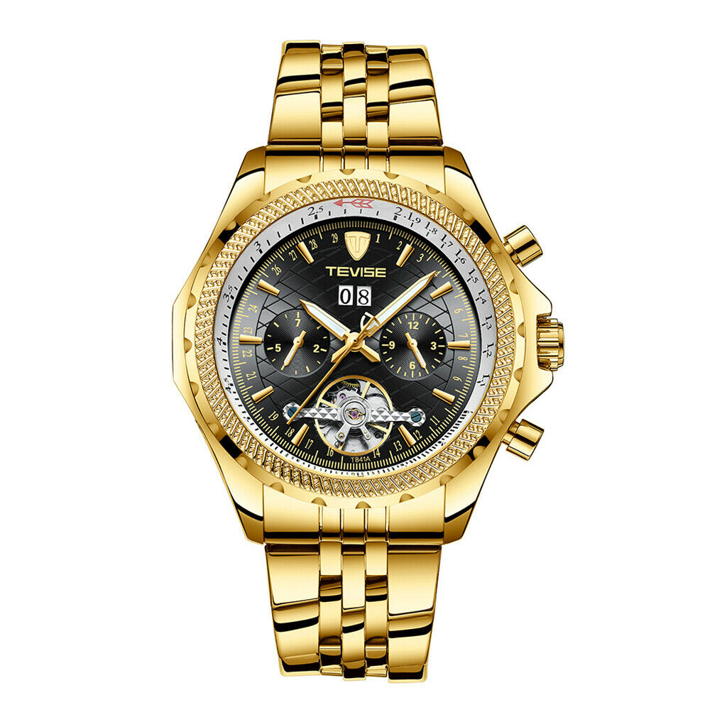 Business Watch Mechanical Automatic Wirstwatch Week Month Dial Golden - Black