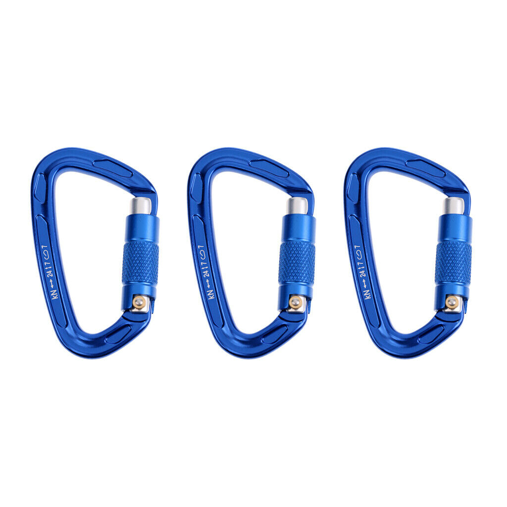 3 Pieces 24KN Aluminum Rock Climbing Auto Self Locking Carabiner blue