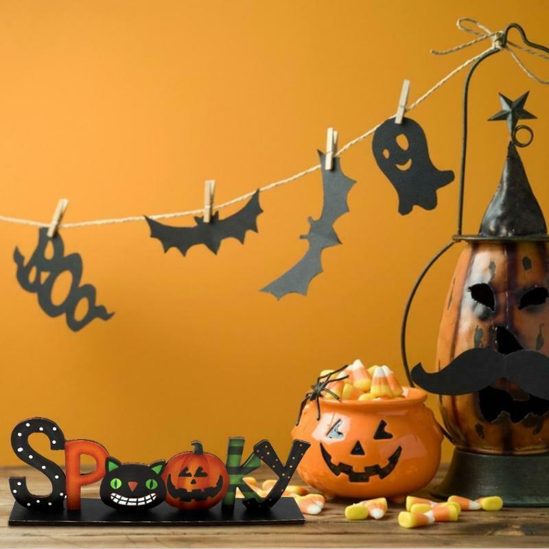 Spooky Letters Wooden Sign Halloween Table Decor Pumpkin Cat Desktop Ornament