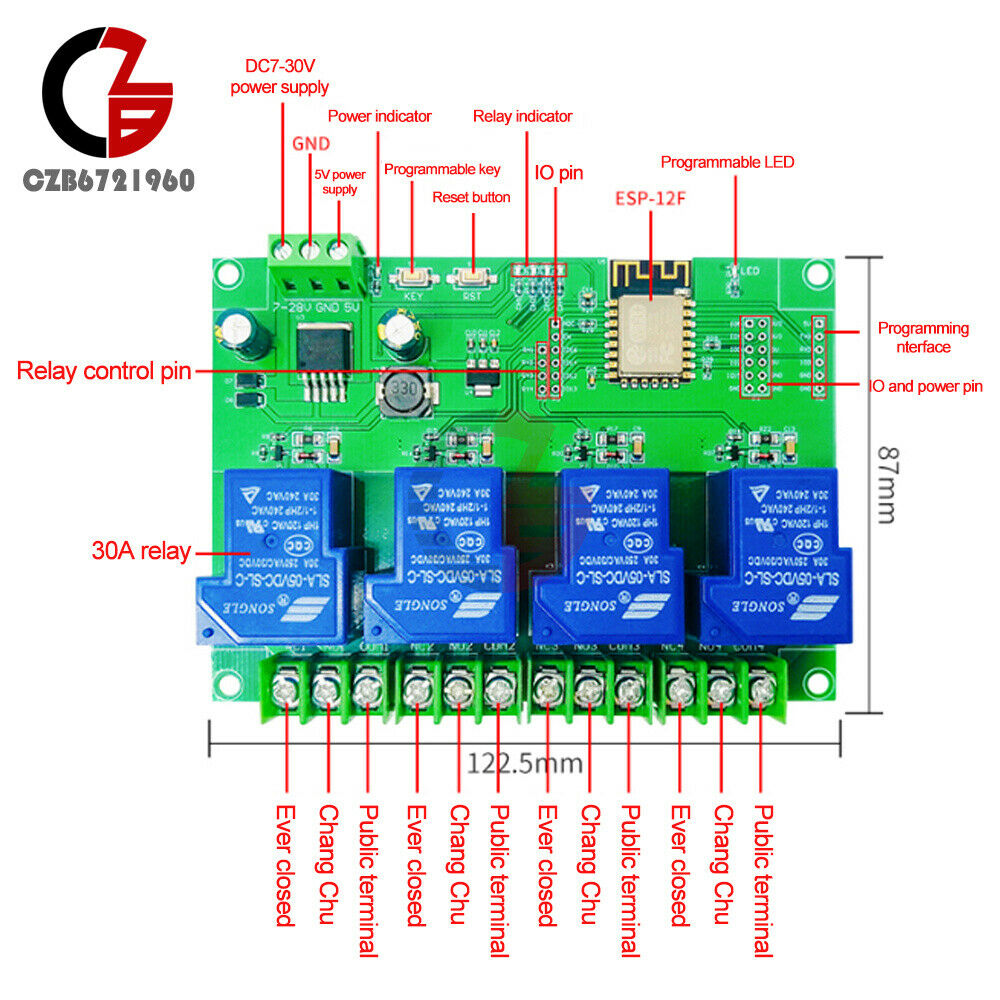 Smart ESP-12F DC 7-28/5V Power Supply Esp8266 Wifi 4Channels 5V/30A Relay Module