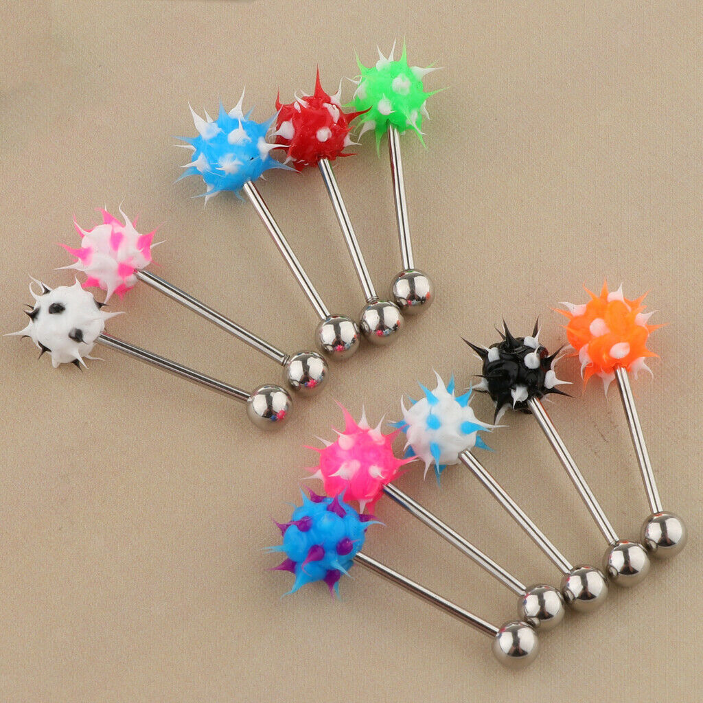 10Pcs Lip Tongue Bar Ring Straight Barbell Stainless Steel Silicone Ball 14G