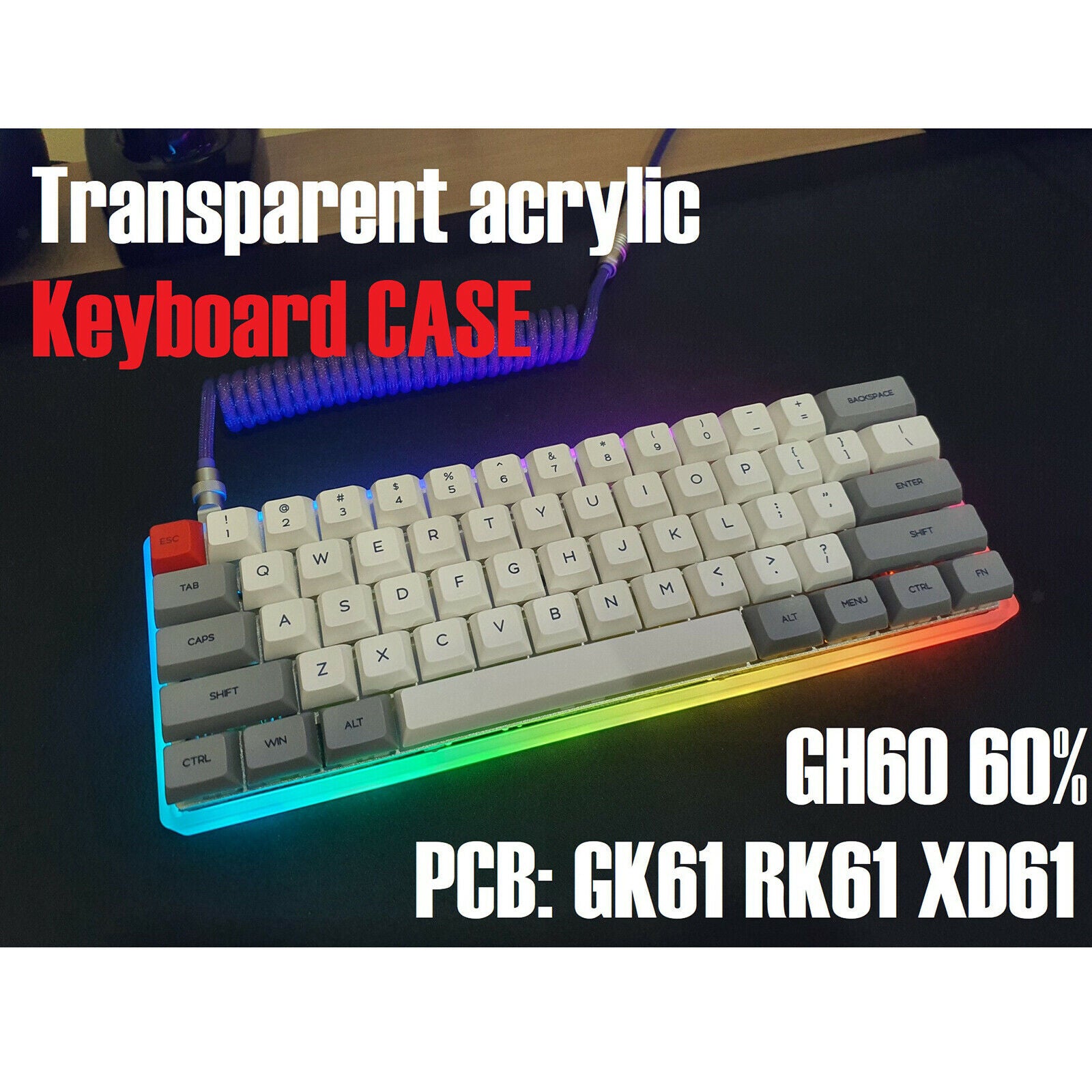 Keyboard Case Frosted Acrylic Shell for 60% DIY GH60 USB port Professional