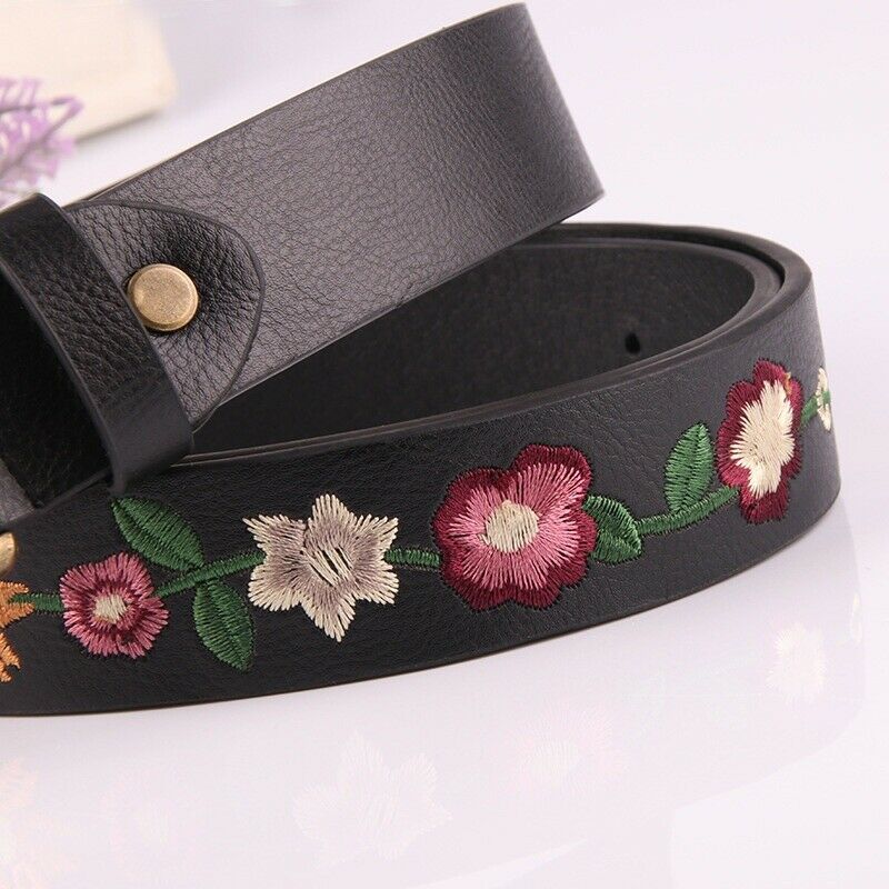 Women Belt Leather Metal Buckle Waistband Retro Embroidered Flower 110cm Long