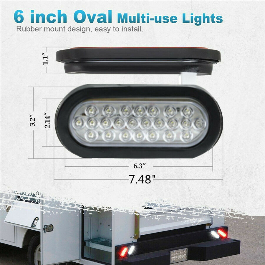 2pcs Trailer Truck Boat Red 24 LED 6" Oval Stop Turn Tail Brake Lights 12V white