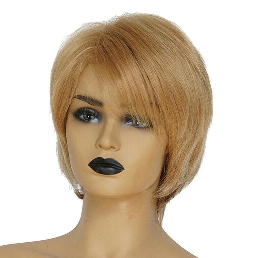 Natural Human Hair Short Straight Brown Pixie Cut Full Hair Wig Side Part