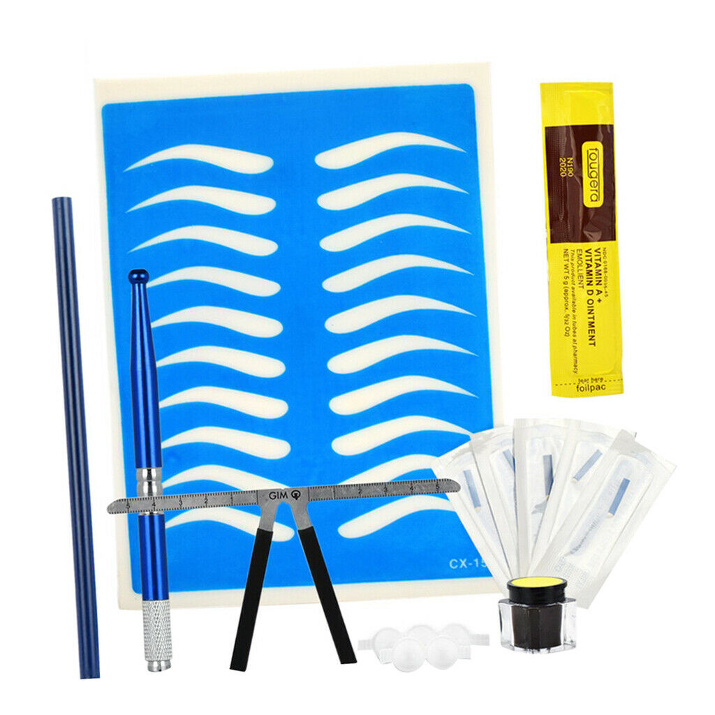 Eyebrow Tattoo Microblading Needle Pen Ink Practice Skin Finger Ring Ruler Blue
