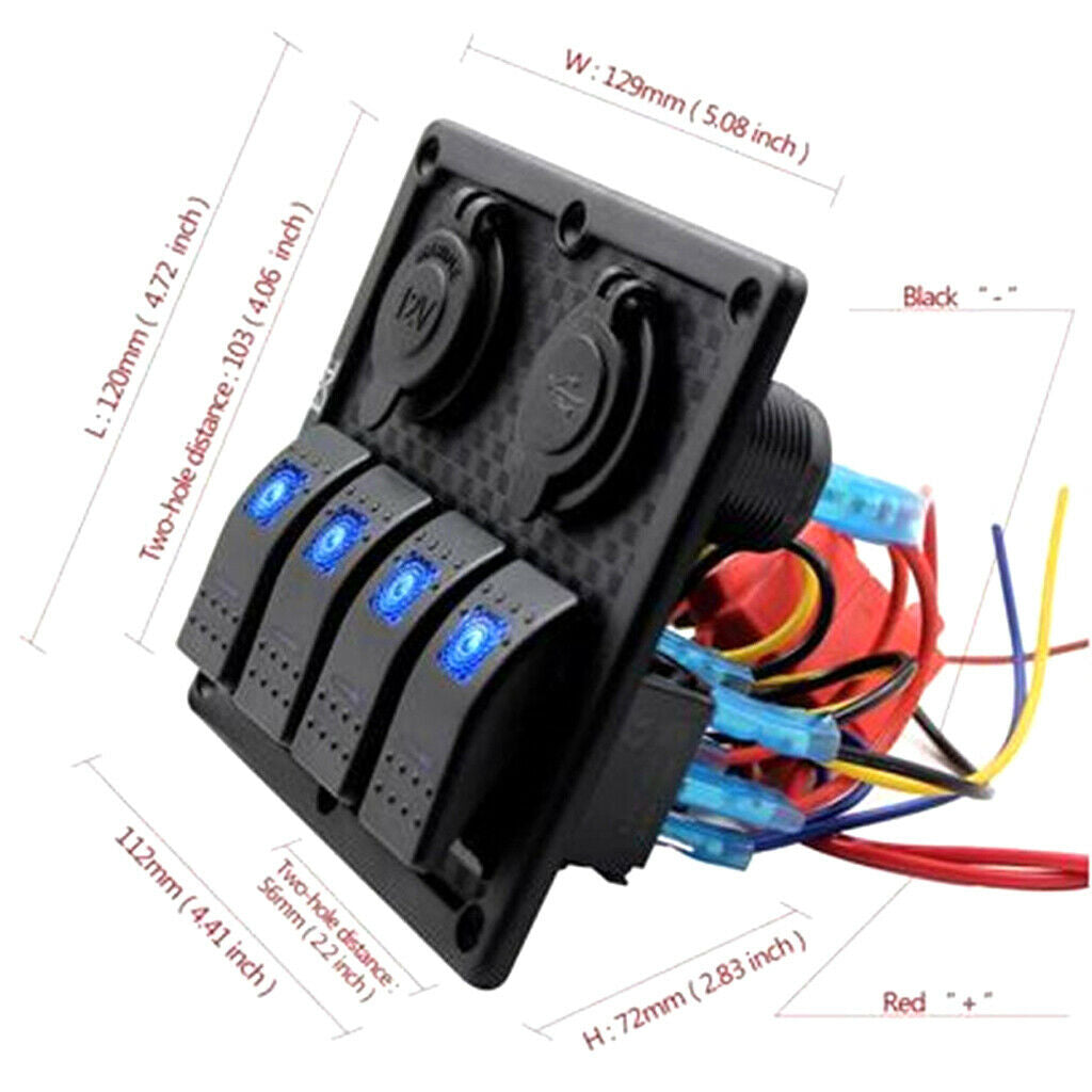4 GANG Rocker Switch Panel Circuit Breaker Dual LED Car Marine Boat 12V 24V