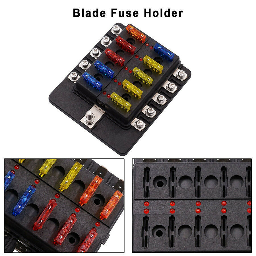 10-Way Blade Fuse Box Block Holder LED Indicator w/ Fuses For Car Truck Marine