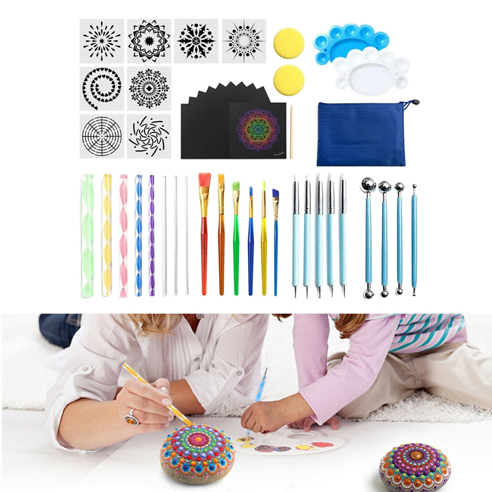 47Pcs Mandala Dotting Tools Rock Painting Kits Art Pen Paint Stencil Brush