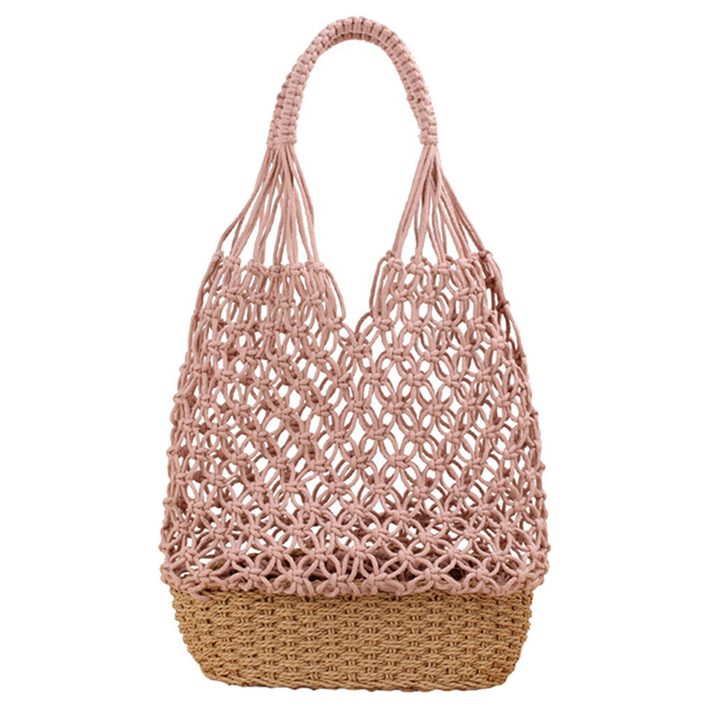 2PCS Womens Straw Shoulder Bag Beach Shopping Bag Woven Bag Purse Pink+White