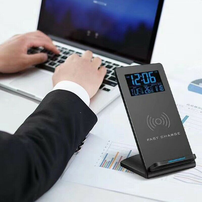 Desk Clock with Time/Temperature Display & Wireless Charging Pad Dock for IOL5O5