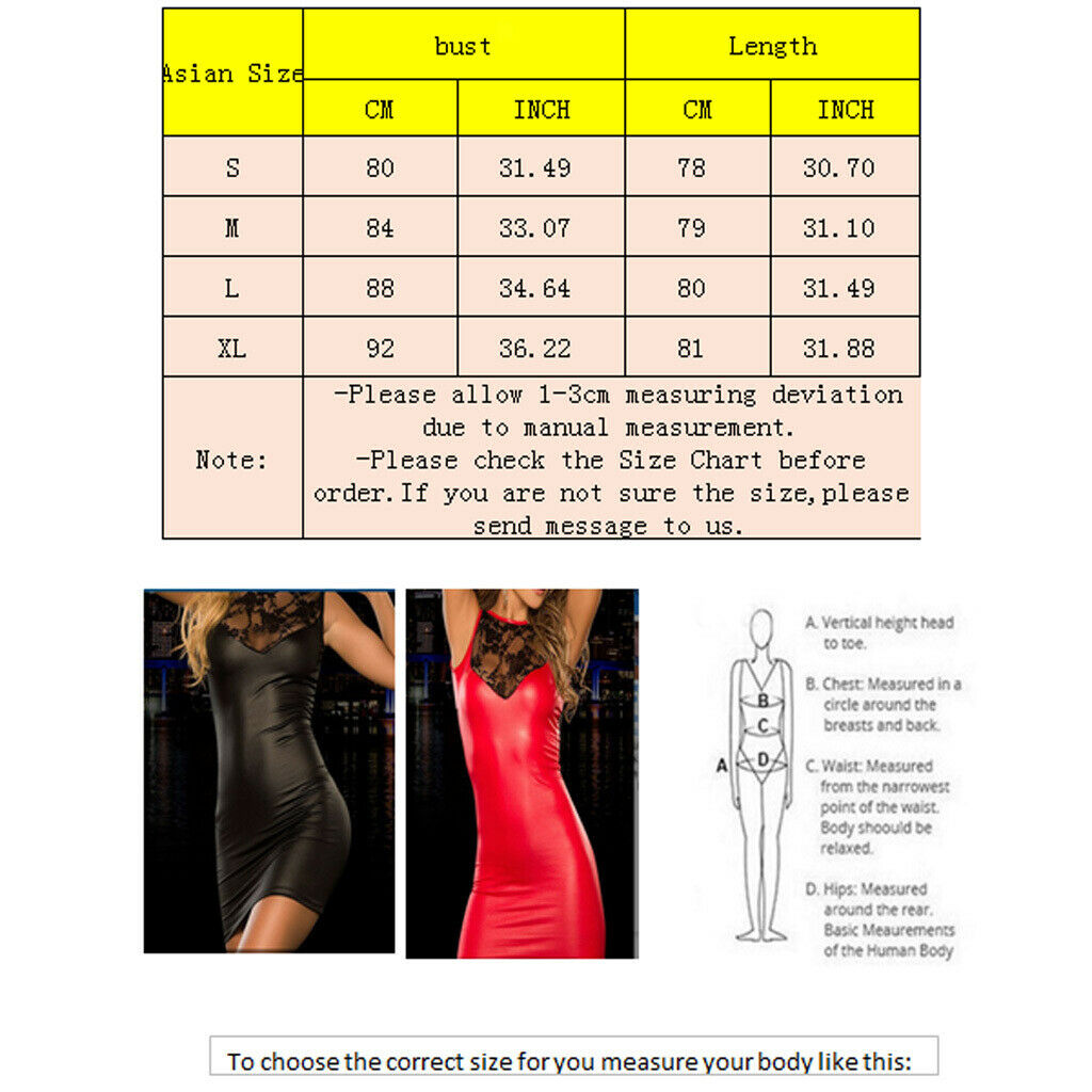 Women Bodycon Sexy Lace Club-wear PU Leather Stitching Dress S Black