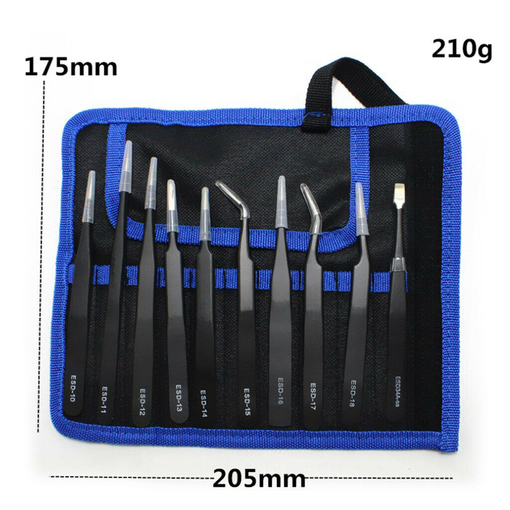 10 in 1 ESD Anti-static Tweezers Set Maintenance Repair Tools Kit with Bag
