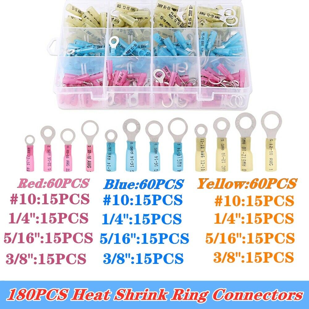 180PCS Heat Shrink Ring Terminals Red 22-16 AWG Crimp Wire Connector 4 Types