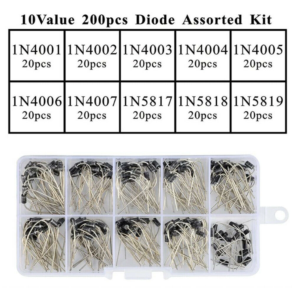 200pcs 10 Value Rectifier Diode 1N4001~1N5819 Zener  Assortment Kit w/Box& Label