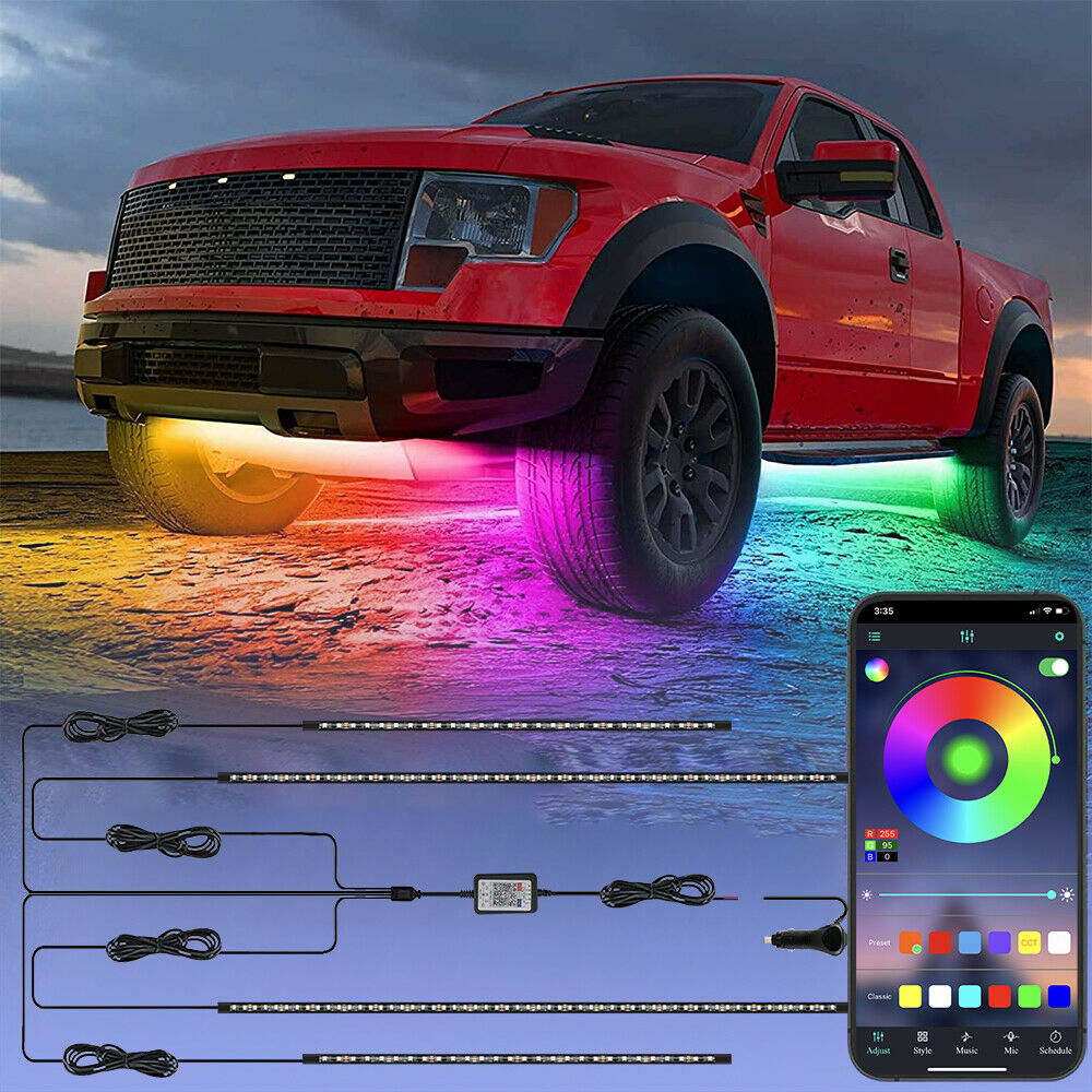 4pcs RGB Dream Color Underglow LED Kit Car Neon Strip Light Music APP Control