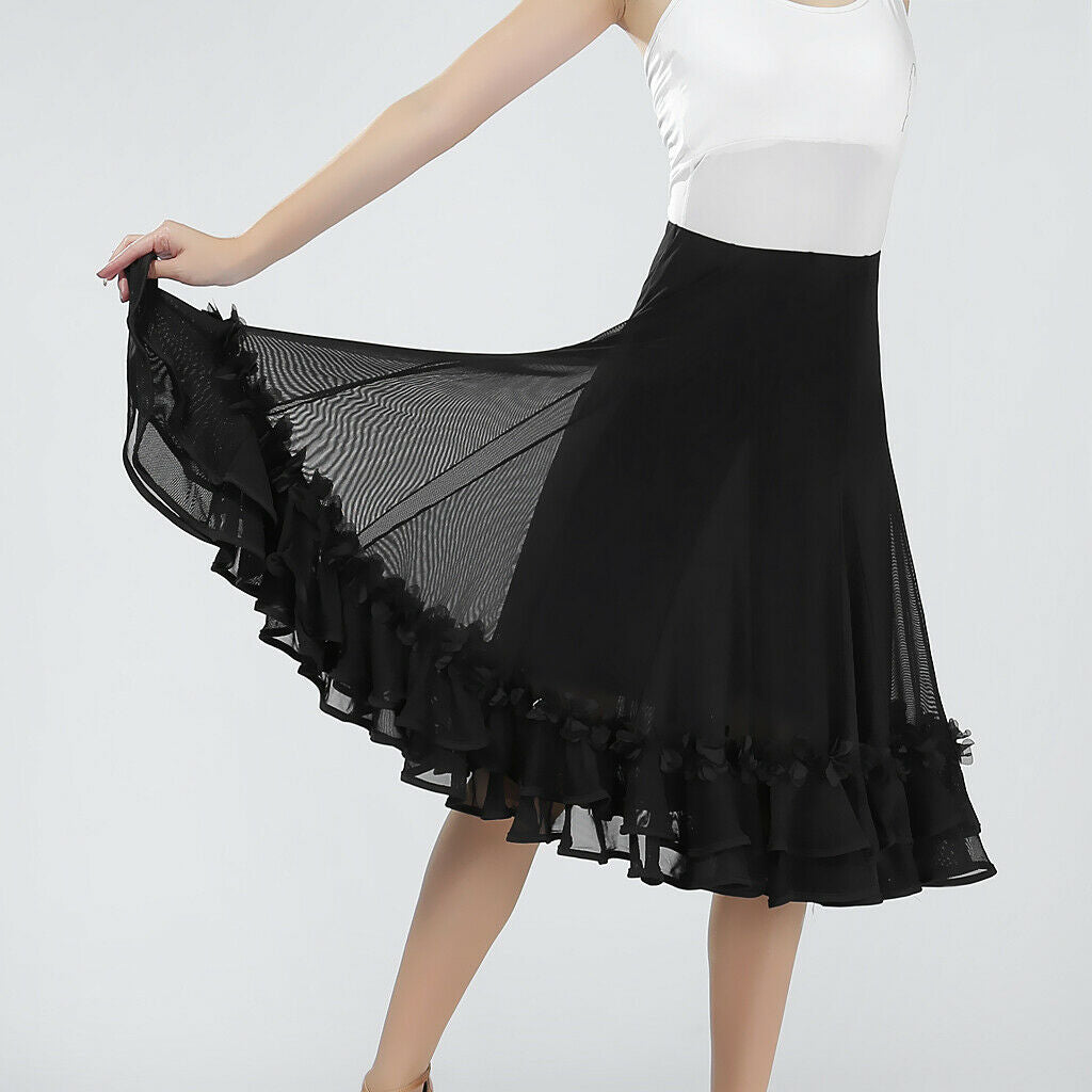 Flamenco Ballroom Waltz Dance Big Swing Skirt Tulle Modern Costume Black