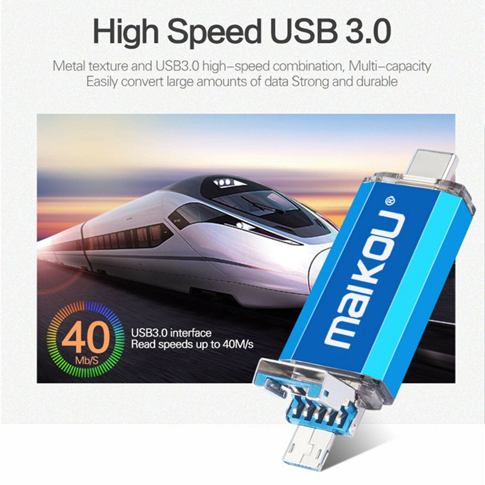 Portable 3 in 1 64G USB Flash Drive Type-C Thumb Drive Memory Stick Blue