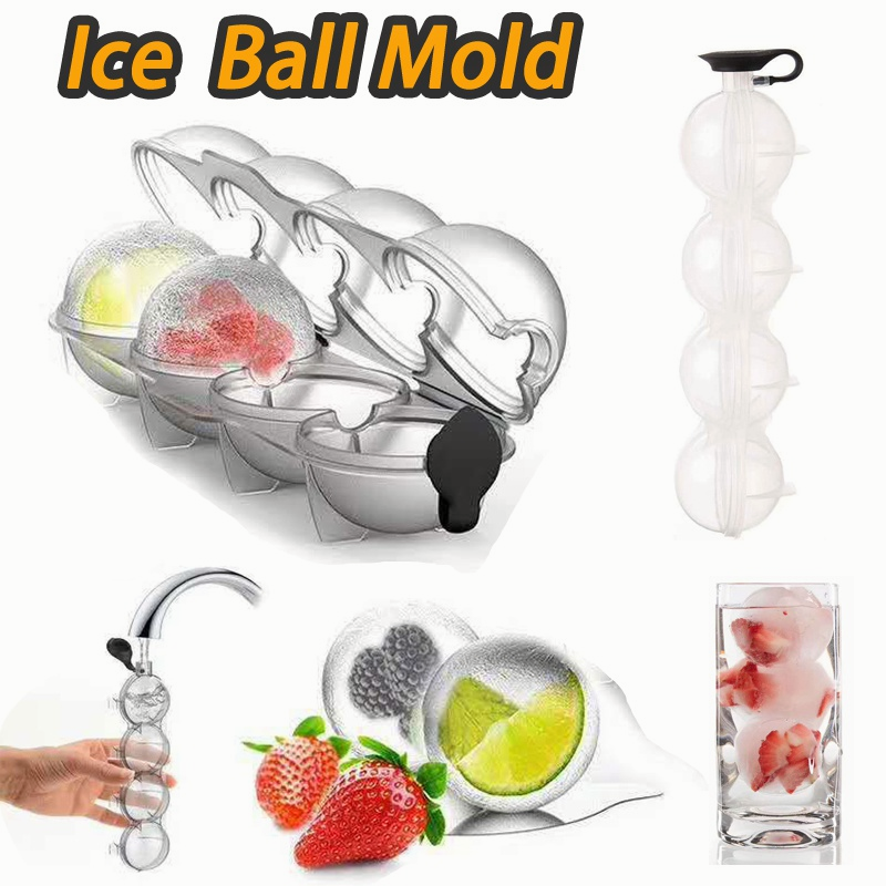 4 Large Ice Balls Maker Cube Tray Big Silicone Mold Sphere Whiskey Round Mould..