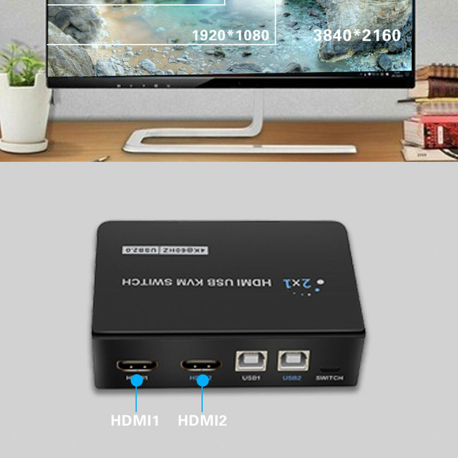 2 In 1 Out HDMI KVM Switch 4K@60Hz Sharing 1 Monitor Keyboard Mouse Printer