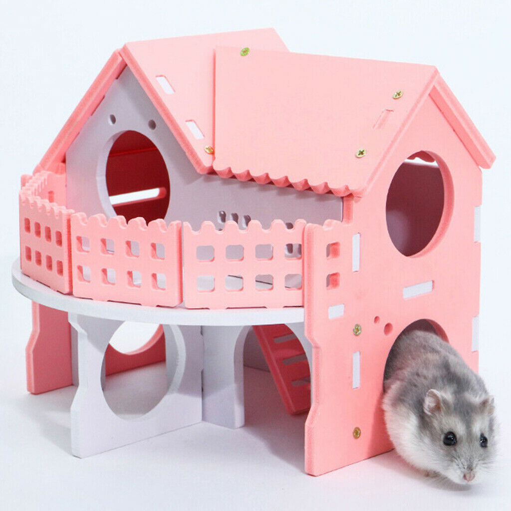 Lovely Double Layers Hamster Wooden Pink Villa Hut Play House Habitat Decor