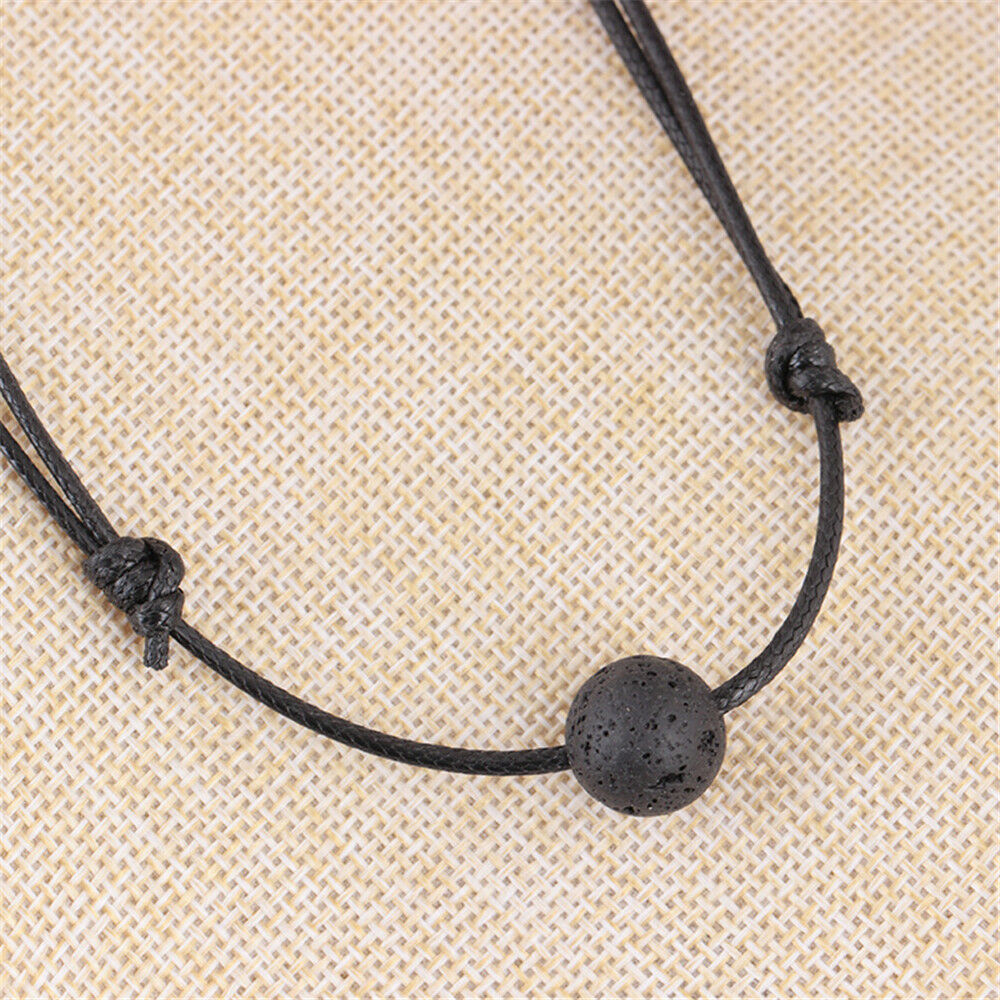 Women Men Natural Lava Stone Bead Diffusion Pendant Black Leather Cord Necklace