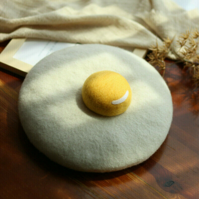 Women's Beret Cap Painter Hat Lolita Wool Blend Fried Egg Style Handmade Thermal