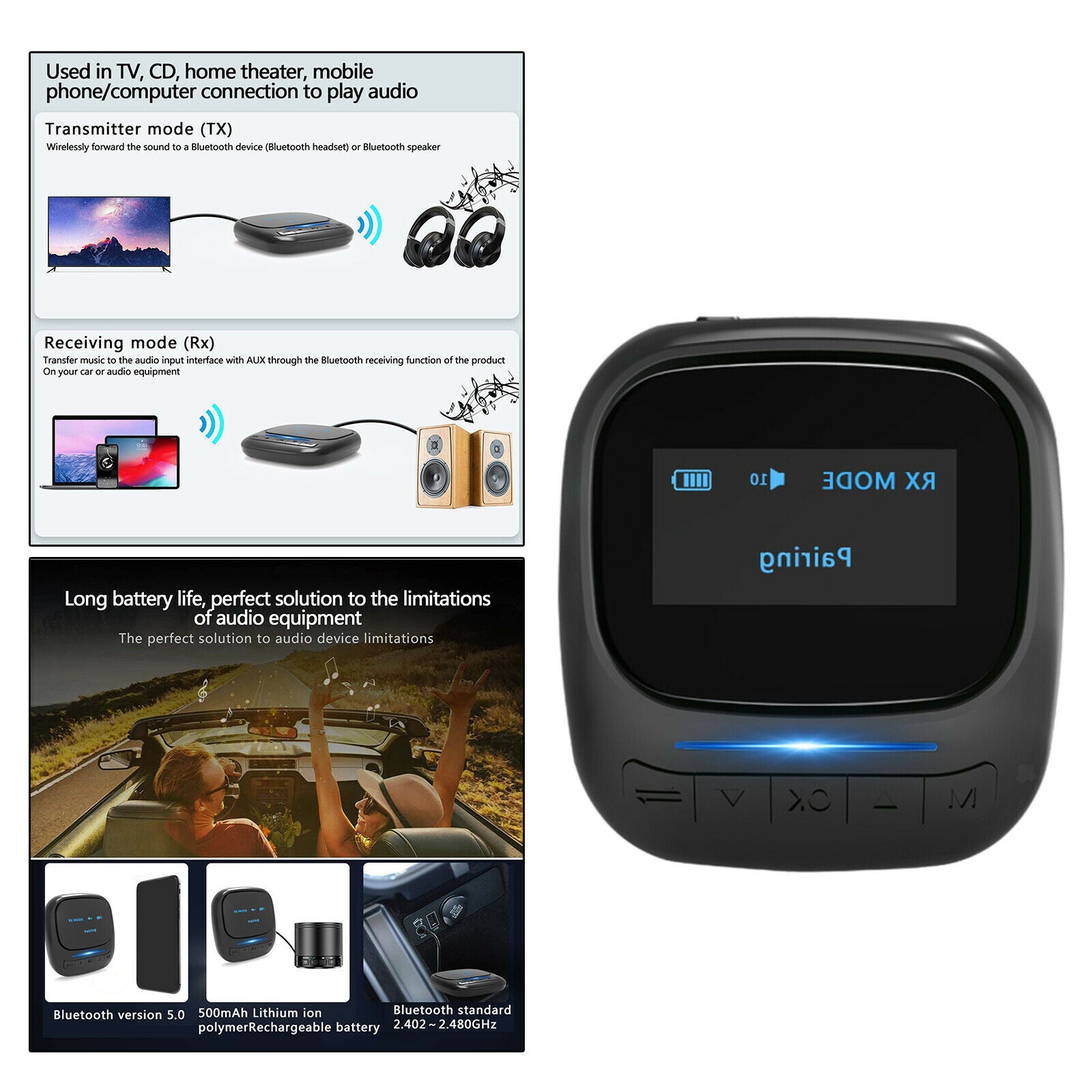 Bluetooth Transceiver 3.5mm Aux Port Pair Low Latency 2 Devices at The Same Time