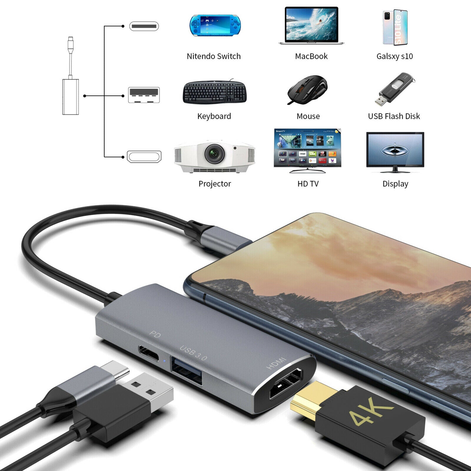 3-in-1 USB-C Hub 4K@30Hz HDMI for Macbook for Nitendo Switch Keyboard HDTV