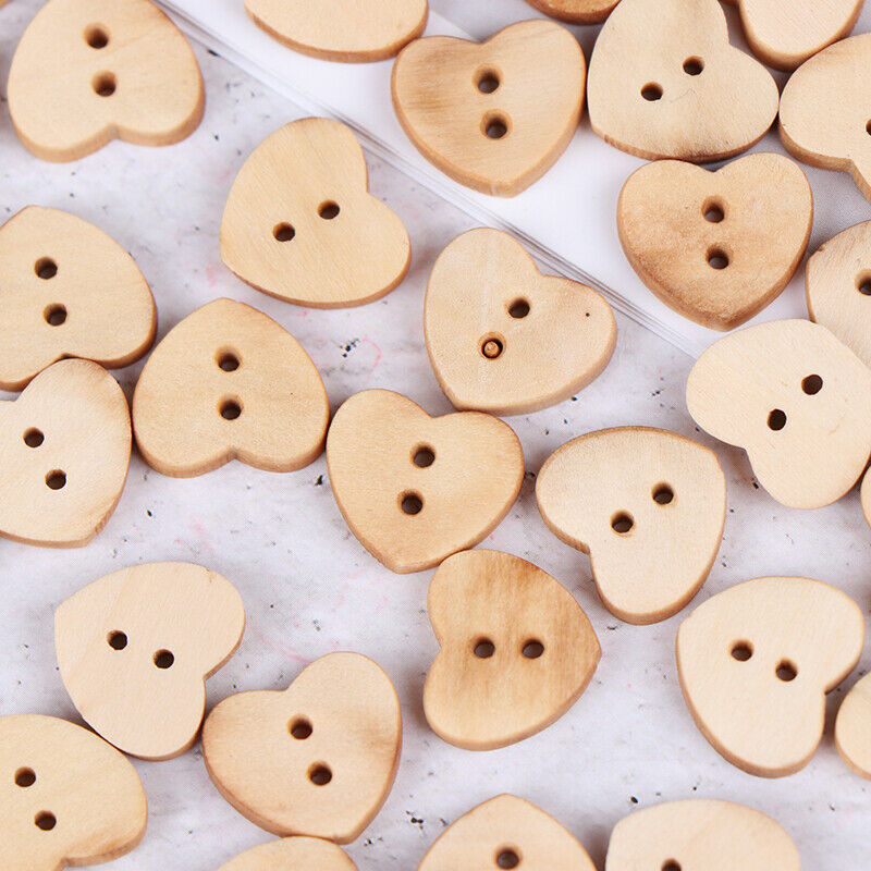 100pcs Heart Shaped Wooden Buttons Natural Sewing Buttons Craft Clothes De DD