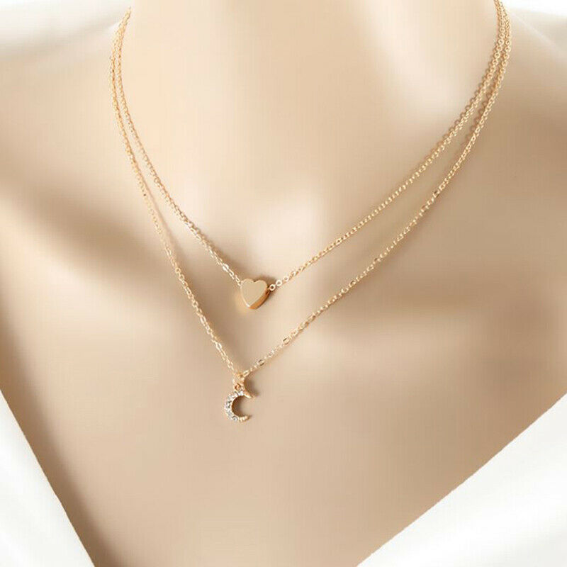 Fashion Women Multilayer Love Heart Moon Pendant Choker Necklace Jewelry GifY1