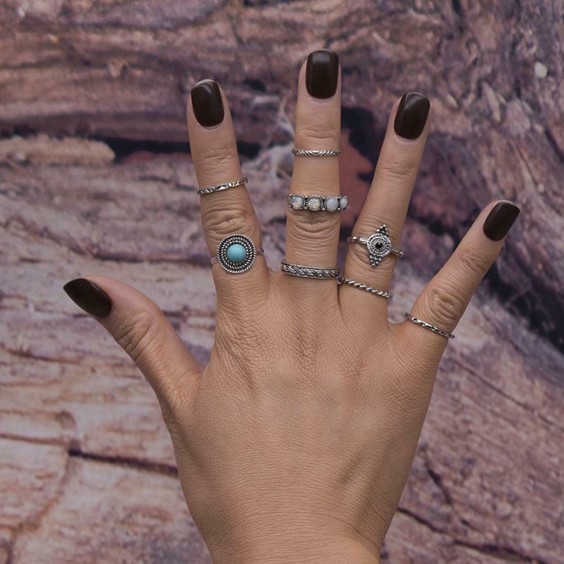 8 Pieces/ Set Retro Turquoise Finger Ring Knuckle Midi Finger Ring Jewelry