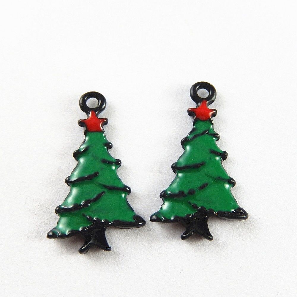 15PCS Green Christmas Tree Enamel Charm Xmas Alloy Pendant Jewelry Craft 26x15mm