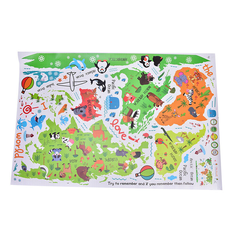 Cartoon Animal World Map Wall Stickers Kids Art Mural Removable Decorati.l8