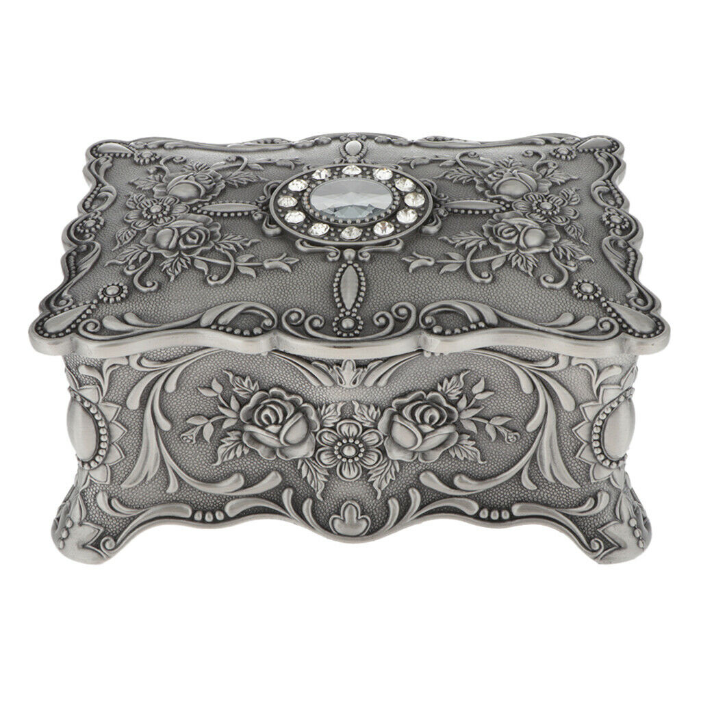 Tin Small Rectangle Jewelry Box Floral Engraved Treasure Storage Ring Case