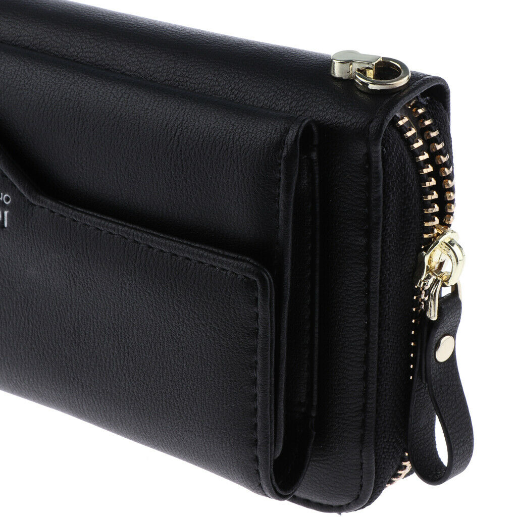 Women PU Leather Wallet Long Bifold Wristlet Purse Clutch Card Holder Black