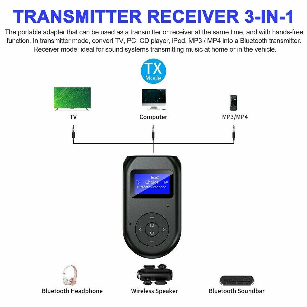 3In1 Bluetooth 5.0 Transmitter Receiver Wireless Audio 3.5mm Adapter For TV/PC