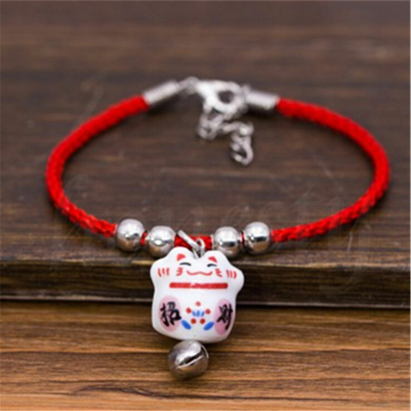 10PCS Lucky Ceramic Fortune Cat Red Rope Bracelet Pendant Fengshui Blessing Gift