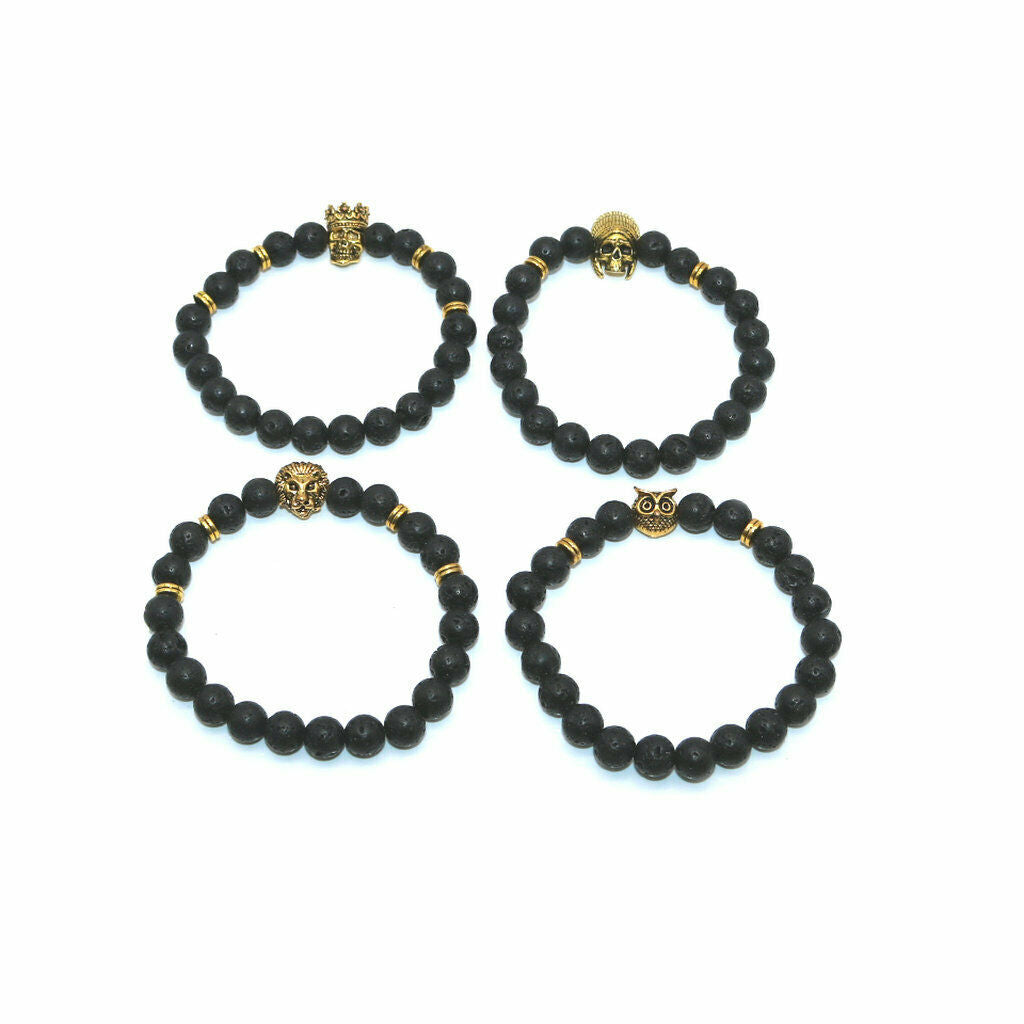 Fashion Women Men Black Lava Stone Beaded Charm Bracelet Jewelry Lion Head