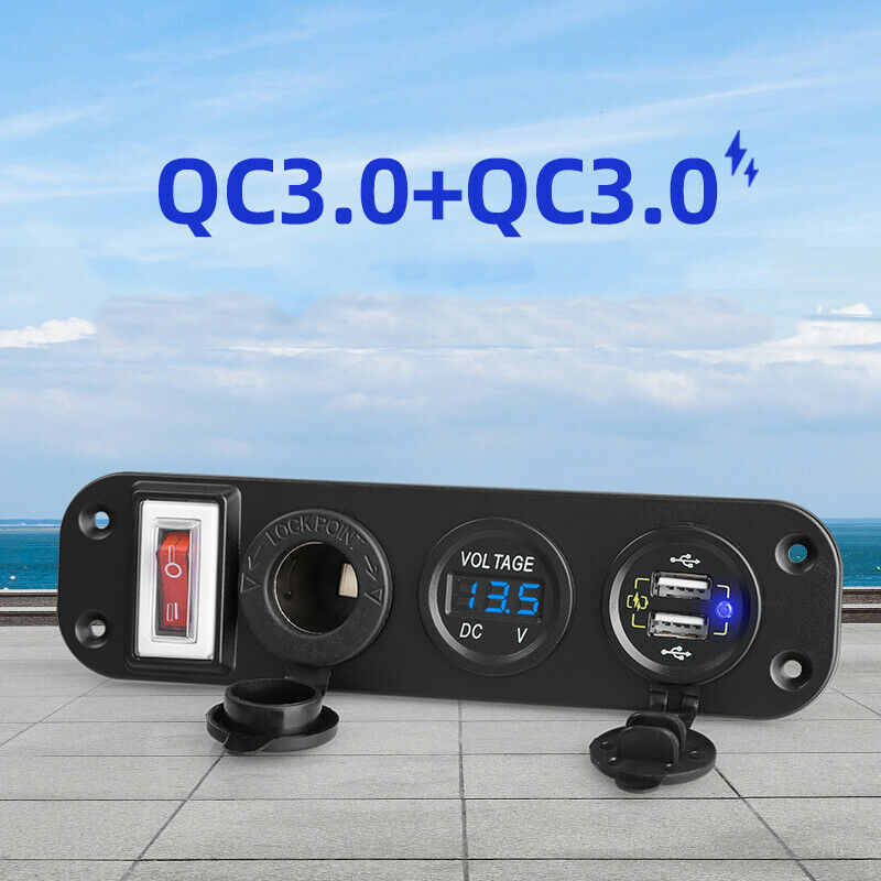 QC3.0 Auto Car Dual USB Fast Charge Cigarette Lighter Switch Panel w/ Voltmeter