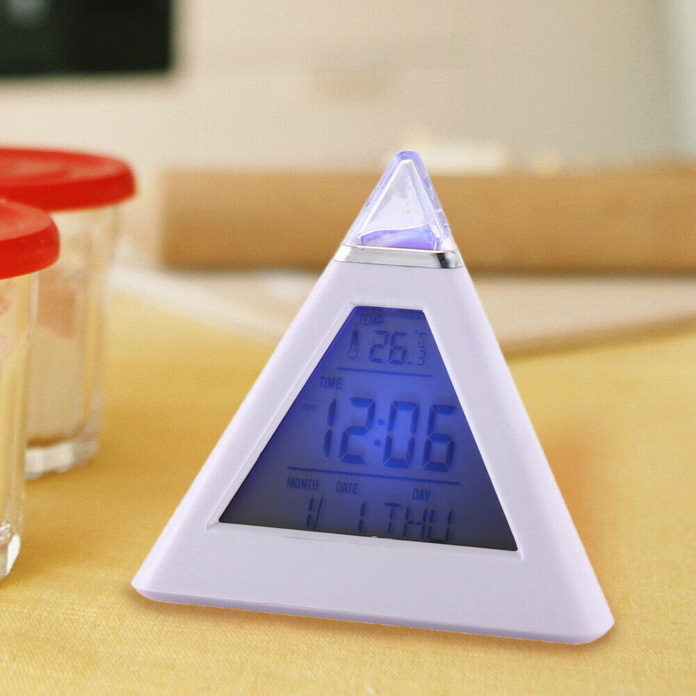 New 7 LED Color Pyramid Digital LCD Alarm Clock Thermometer @