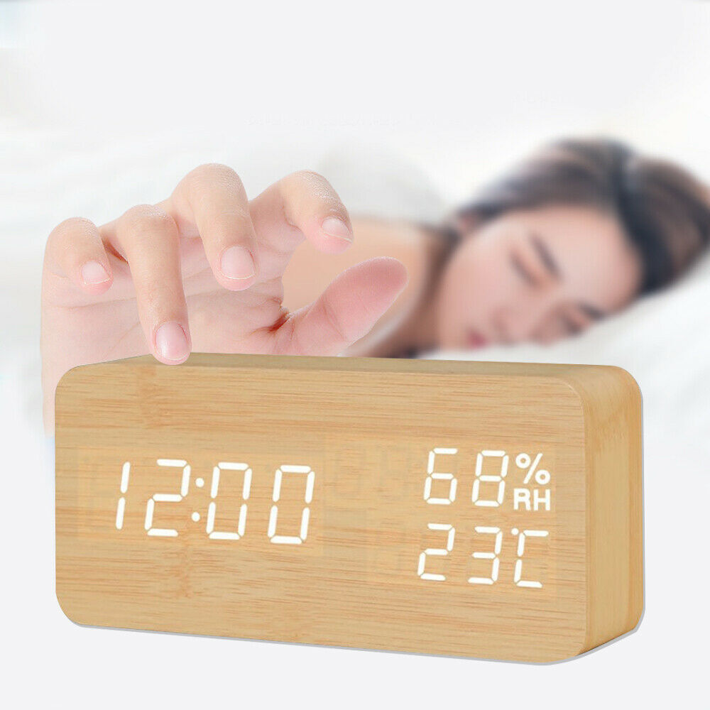 Digital Alarm Clock Wooden LED Temperature Electronic Voice Control Table Clocks