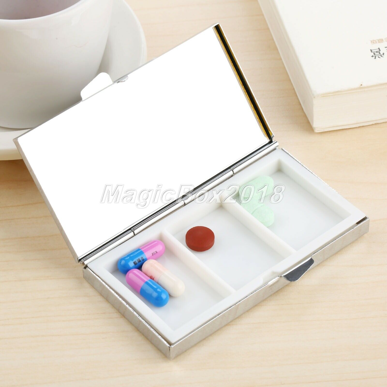 3 Grids Portable Pill Box Medicine Vitamin Organizer Container Rectangle Metal