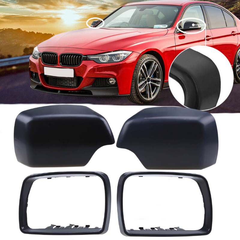 Pair Matte Black Rear View Mirror Cover Cap +Frame For BMW X5 E53 3.0d/3.0i/4.4i