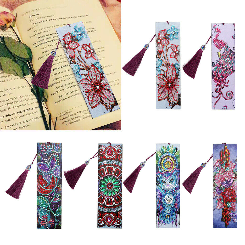 6pcs 5D Crystal Diamond Painting PU Leather Tassel Bookmark Office School