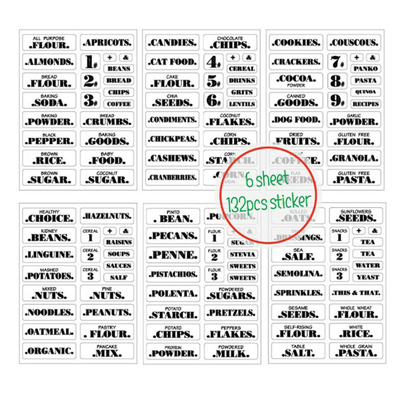 6 Sheets Transparent Waterproof Pantry Stickers Food Jar Labels for Pantr.l8