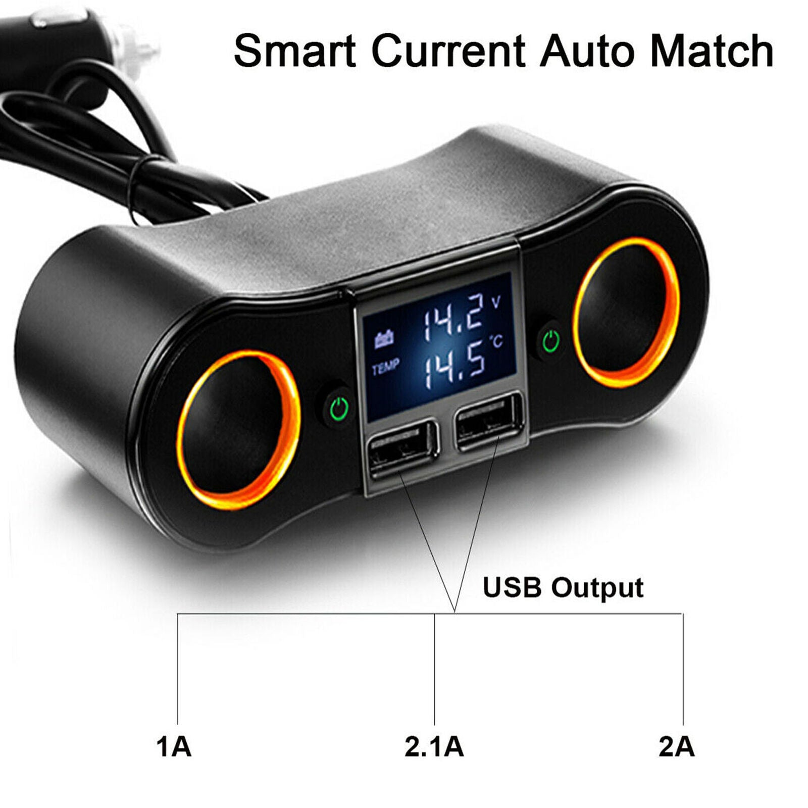 Dual Socket 2 USB Port LCD Lighter Splitter DC 12V Car Charger Adapter