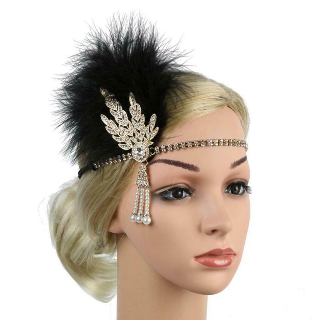Set of 2 Womens Feather Headband Chain Stretchy Rhinestone Hairband Beaded