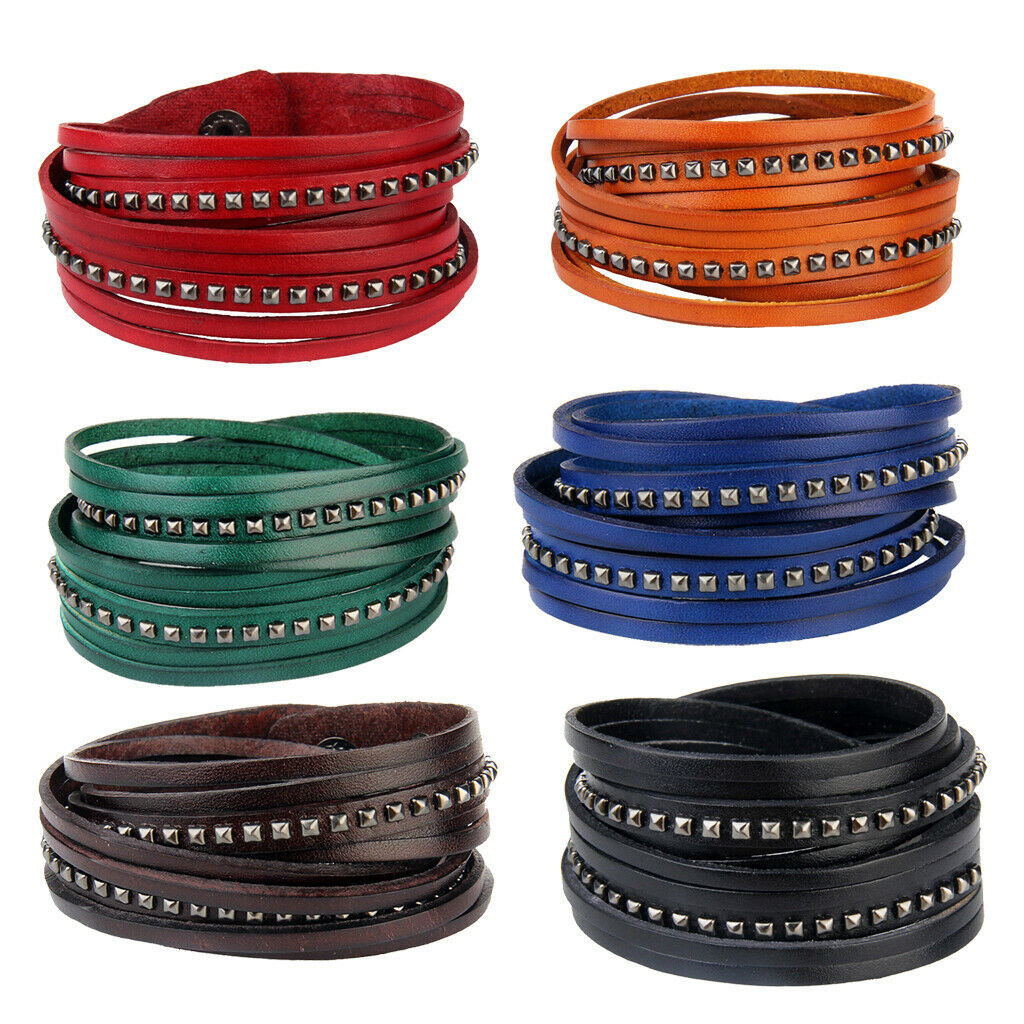 Rivet Punk PU Leather Wrap Wristband Multilayer Bracelet Adjustable Orange